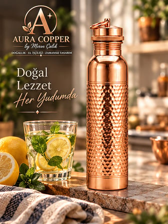 Aura Copper Bakır Matara 600 ml – İçi Kalaylı Sızdırmaz Kapaklı El Yapımı Su Şişesi Ac-00011