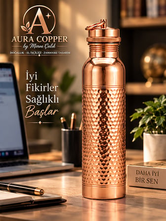 Aura Copper Bakır Matara 600 ml – İçi Kalaylı Sızdırmaz Kapaklı El Yapımı Su Şişesi Ac-00011