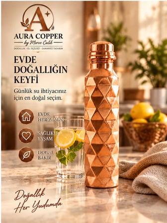 Aura Copper Bakır Matara 500-600 ml – Desenli Sızdırmaz Kapaklı El Yapımı Su Şişesi Ac-00012
