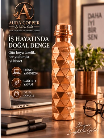 Aura Copper Bakır Matara 500-600 ml – Desenli Sızdırmaz Kapaklı El Yapımı Su Şişesi Ac-00012
