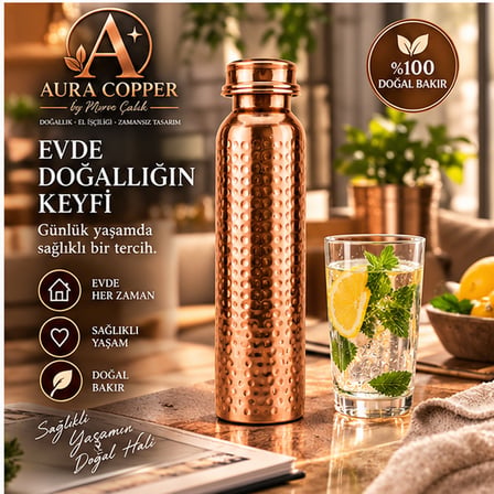 Aura Copper Bakır Matara 500-600 ml – Desenli Sızdırmaz Kapaklı El Yapımı Su Şişesi Ac-00014