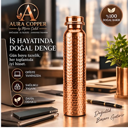 Aura Copper Bakır Matara 500-600 ml – Desenli Sızdırmaz Kapaklı El Yapımı Su Şişesi Ac-00014
