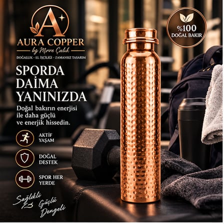 Aura Copper Bakır Matara 500-600 ml – Desenli Sızdırmaz Kapaklı El Yapımı Su Şişesi Ac-00014