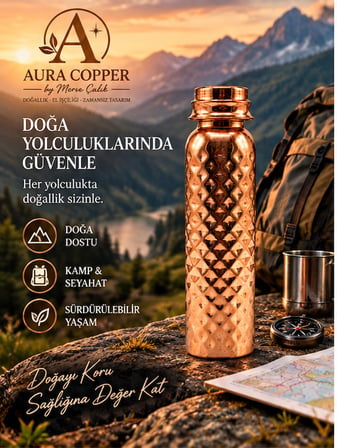 Aura Copper Bakır Matara 500-600 ml – Desenli Sızdırmaz Kapaklı El Yapımı Su Şişesi Ac-00015