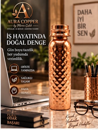 Aura Copper Bakır Matara 500-600 ml – Desenli Sızdırmaz Kapaklı El Yapımı Su Şişesi Ac-00015