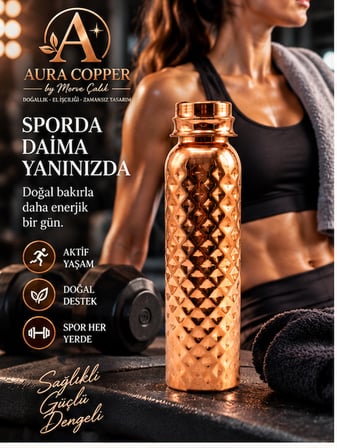 Aura Copper Bakır Matara 500-600 ml – Desenli Sızdırmaz Kapaklı El Yapımı Su Şişesi Ac-00015