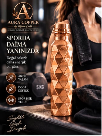 Aura Copper Bakır Matara 500-600 ml – Desenli Sızdırmaz Kapaklı El Yapımı Su Şişesi Ac-00016