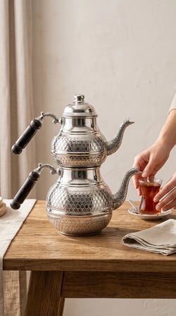 Aura Copper El İşlemeli Bakır Çaydanlık Seti 1 mm – Üst 850-950 ml Alt 1850-1950 ml 27 cm Mc-00003