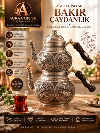 Aura Copper Gaziantep Ağır El İşlemeli Bakır Çaydanlık Seti 1,2 mm 27 cm Sedef Saplı Mc-00009