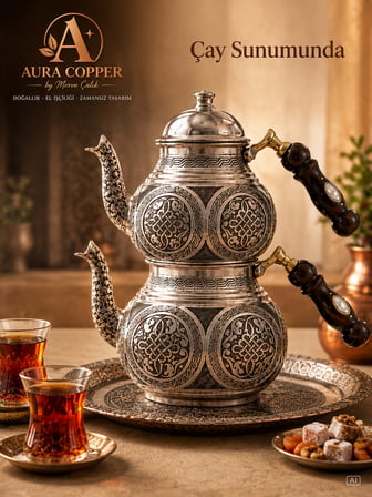 Aura Copper Gaziantep Ağır El İşlemeli Bakır Çaydanlık Seti 1,2 mm 27 cm Sedef Saplı Mc-00009