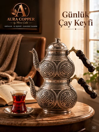Aura Copper Gaziantep Ağır El İşlemeli Bakır Çaydanlık Seti 1,2 mm 27 cm Sedef Saplı Mc-00009