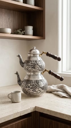 Aura Copper Gaziantep Ağır El İşlemeli Bakır Çaydanlık Seti 1,2 mm 27 cm Sedef Saplı Mc-00011