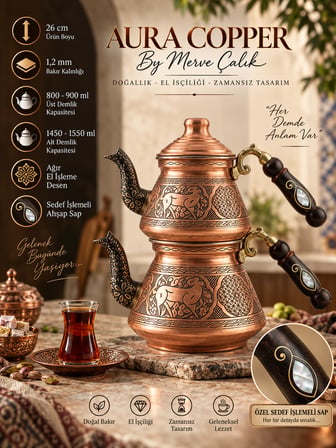 Aura Copper Ağır El İşlemeli Bakır Çaydanlık Seti 1,2 mm Sedef Kulp 800-900/1450-1550 ml Mc-00017