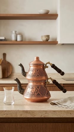 Aura Copper Ağır El İşlemeli Bakır Çaydanlık Seti 1,2 mm Sedef Kulp 800-900/1450-1550 ml Mc-00017