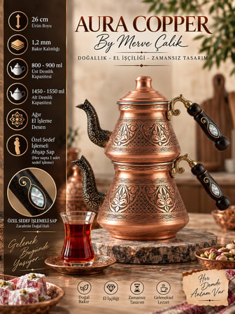 Aura Copper Ağır El İşlemeli Bakır Çaydanlık Seti 1,2 mm Sedef Kulp 800-900/1450-1550 ml Mc-00018
