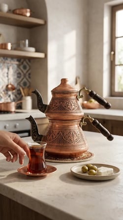 Aura Copper Ağır El İşlemeli Bakır Çaydanlık Seti 1,2 mm Sedef Kulp 800-900/1450-1550 ml Mc-00018