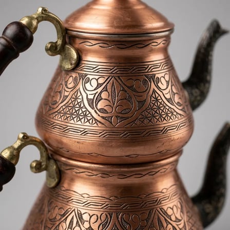 Aura Copper Ağır El İşlemeli Bakır Çaydanlık Seti 1,2 mm Sedef Kulp 800-900/1450-1550 ml Mc-00018