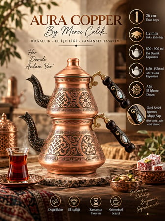 Aura Copper Ağır El İşlemeli Bakır Çaydanlık Seti 1,2 mm Sedef Kulp 800-900/1450-1550 ml Mc-00019