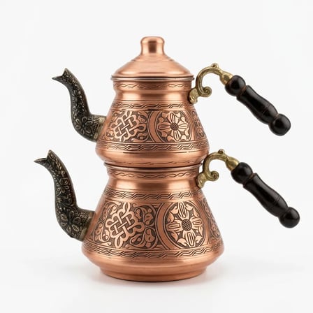 Aura Copper Ağır El İşlemeli Bakır Çaydanlık Seti 1,2 mm Sedef Kulp 800-900/1450-1550 ml Mc-00019