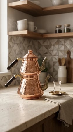 Aura Copper Ağır El İşlemeli Bakır Çaydanlık Seti 1,2 mm Sedef Kulp 800-900/1450-1550 ml Mc-00020