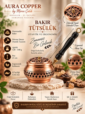 Aura Copper El Yapımı Bakır Tütsülük Buhurdanlık – El İşlemeli Dekoratif Tütsü Kabı Tt-00002