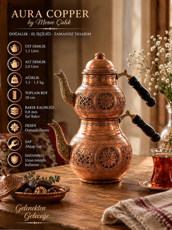 Aura Copper Ağır El İşlemeli Bakır Çaydanlık Seti 1,2 mm 27 cm Ahşap Saplı Mc-00036