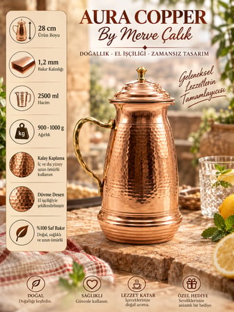 Aura Copper Klasik Kapaklı Ağır El İşlemeli Bakır Sürahi 2,5 L 1,2 mm İçi Kalaylı Sc-00001