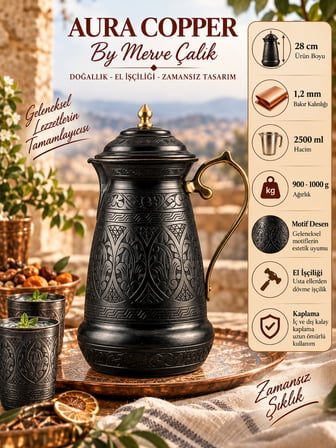 Aura Copper Klasik Kapaklı Ağır El İşlemeli Bakır Sürahi 2,5 L 1,2 mm İçi Kalaylı Sc-00002