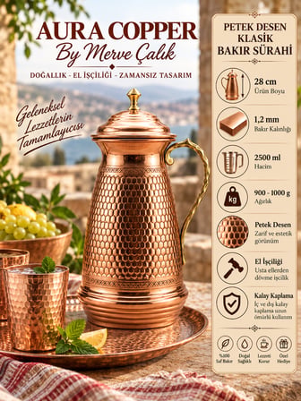 Aura Copper Klasik Kapaklı Ağır El İşlemeli Bakır Sürahi 2,5 L 1,2 mm İçi Kalaylı Sc-00003