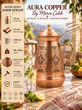Aura Copper Klasik Kapaklı Ağır El İşlemeli Bakır Sürahi 2,5 L 1,2 mm İçi Kalaylı Sc-00004