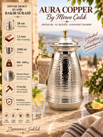 Aura Copper Klasik Kapaklı Ağır El İşlemeli Bakır Sürahi 2,5 L 1,2 mm İçi Kalaylı Sc-00005