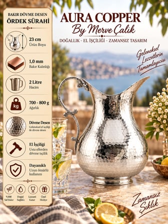 Aura Copper Dövme Bakır Ördek Sürahi 2 L 1 mm 23 cm El Yapımı Sc-00007
