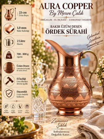 Aura Copper Dövme Bakır Ördek Sürahi 2 L 1 mm 23 cm El Yapımı Sc-00009