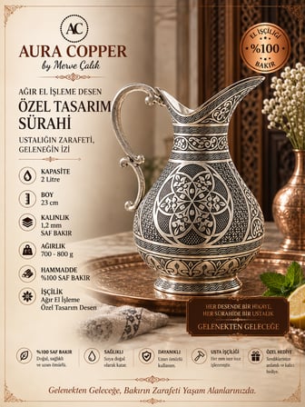 Aura Copper Dövme Bakır Ördek Sürahi 2 L 1 mm 23 cm El Yapımı Sc-00010