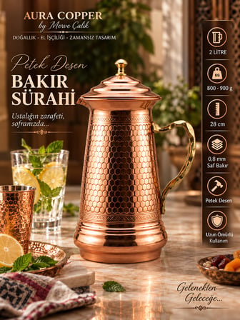 Aura Copper El Yapımı Üzüm Desenli Bakır Sürahi 2 L Kapaklı 0,8 mm Gümüş Renk Sc-00014