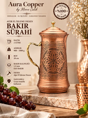 Aura Copper Ağır El İşlemeli Bakır Sürahi 2 L Kapaklı 1,2 mm 28 cm Bakır Renk Sc-00015