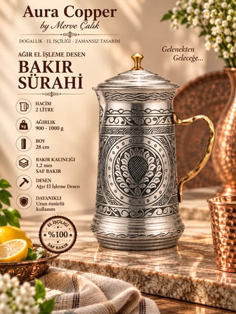 Aura Copper Ağır El İşlemeli Bakır Sürahi 2 L Kapaklı 1,2 mm 28 cm Bakır Renk Sc-00016