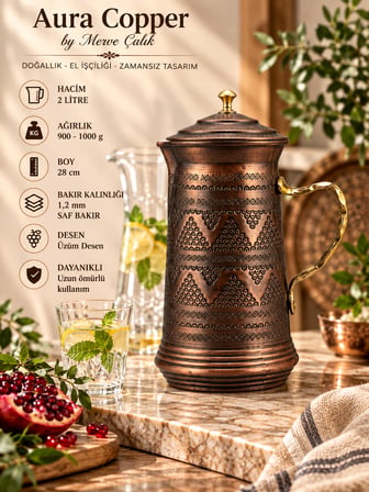 Aura Copper El İşlemeli Bakır Sürahi 2 L Kapaklı 28 cm 1,2 mm SC-000019 - Üzüm - Eskitme