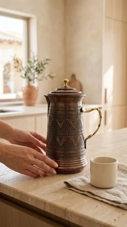 Aura Copper El İşlemeli Bakır Sürahi 2 L Kapaklı 28 cm 1,2 mm SC-000019 - Üzüm - Eskitme
