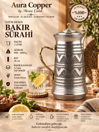 Aura Copper El İşlemeli Bakır Sürahi 2 L Kapaklı 28 cm 1,2 mm SC-000020 - Üzüm-Gümüş