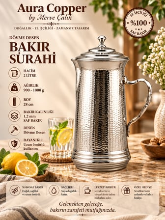 Aura Copper El İşlemeli Bakır Sürahi 2 L Kapaklı 28 cm 1,2 mm SC-000022 - Petek - Gümüş