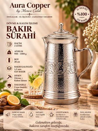 Aura Copper El İşlemeli Bakır Sürahi 2 L Kapaklı 28 cm 1,2 mm SC-000023-Kalem İşleme-Gümüş