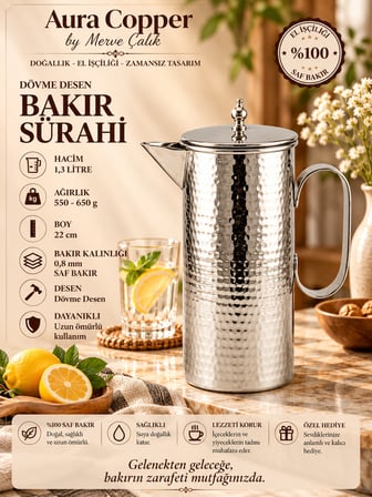 Aura Copper Bakır Sürahi 1,3 L Kapaklı Dövme Desen El Yapımı 22 cm 0,8 mm SC-000025-Gümüş Renk