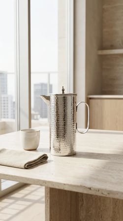 Aura Copper Bakır Sürahi 1,3 L Kapaklı Dövme Desen El Yapımı 22 cm 0,8 mm SC-000025-Gümüş Renk