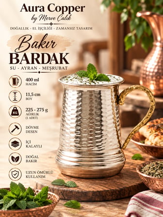 Aura Copper Bakır Bardak/Kupa 400 ml Kalaylı El İşlemeli Tekli/6'lı KC-00001-Gümüş Tekli