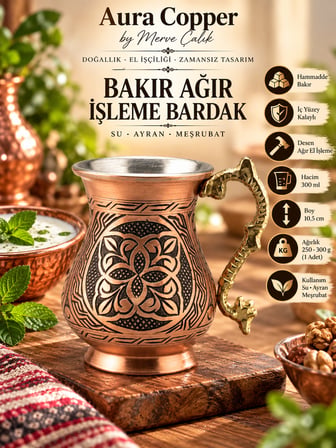 Ağır El İşlemeli Bakır Bardak 300 ml Meşrubat Bardağı Bakır Renk KC-00007-1 Adet