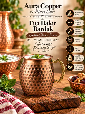 Fıçı Bakır Bardak Dövme Kulplu Ayran Su Meşrubat Bardağı KC-00013 Eskitme Dövme - 500 ml