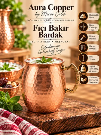 Fıçı Bakır Bardak Dövme Kulplu Ayran Su Meşrubat Bardağı KC-00014 Bakır Dövme - 600 ml