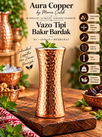 El Yapımı Dövme Bakır Bardak 500-600 ml Meşrubat Bardağı KC-00015 Vazo Tipi 500 ml