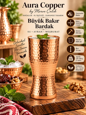 El Yapımı Dövme Bakır Bardak 500-600 ml Meşrubat Bardağı KC-00017 Bakır Büyük Boy 600 ml